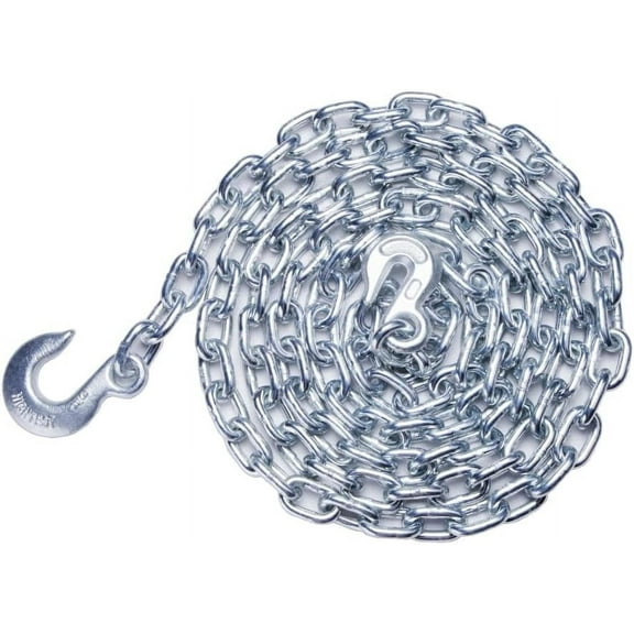 3/8 in. x 14 ft. Zinc Plated Steel Logging Chain with One Grab Hook and One Slip Hook. Weld Chain, Silver Color, Safe Working Load 5400lbs