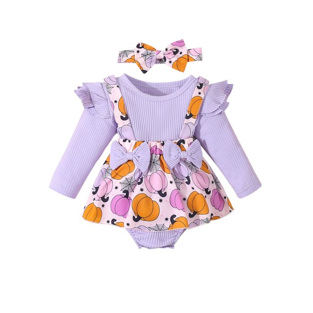 FOCUSNORM Barboteuse pour Bébés Filles Robe Papillon/citrouille/fleur Imprimé Manches Longues Combinaisons et Ensemble de Bandeau Mignon pour Tout-Petit