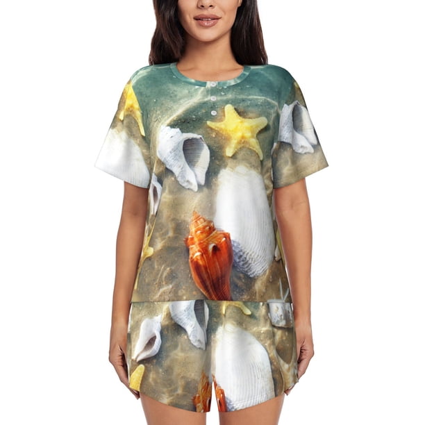 Balery Seashell On The Beach Conjunto de Pijama para Mujer con Estampado, Dos Piezas de Manga Corta y Shorts, Ropa de Dormir Suave con Cuello Redondo y Bolsillos-XX-Large