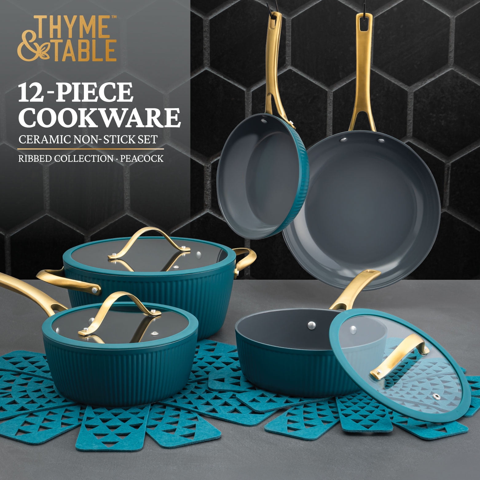 Thyme & Table 12-Piece Ceramic Non-Stick Signature Ribbed Cookware Set, Non-Toxic Pots and Pans Set - Peacock Blue