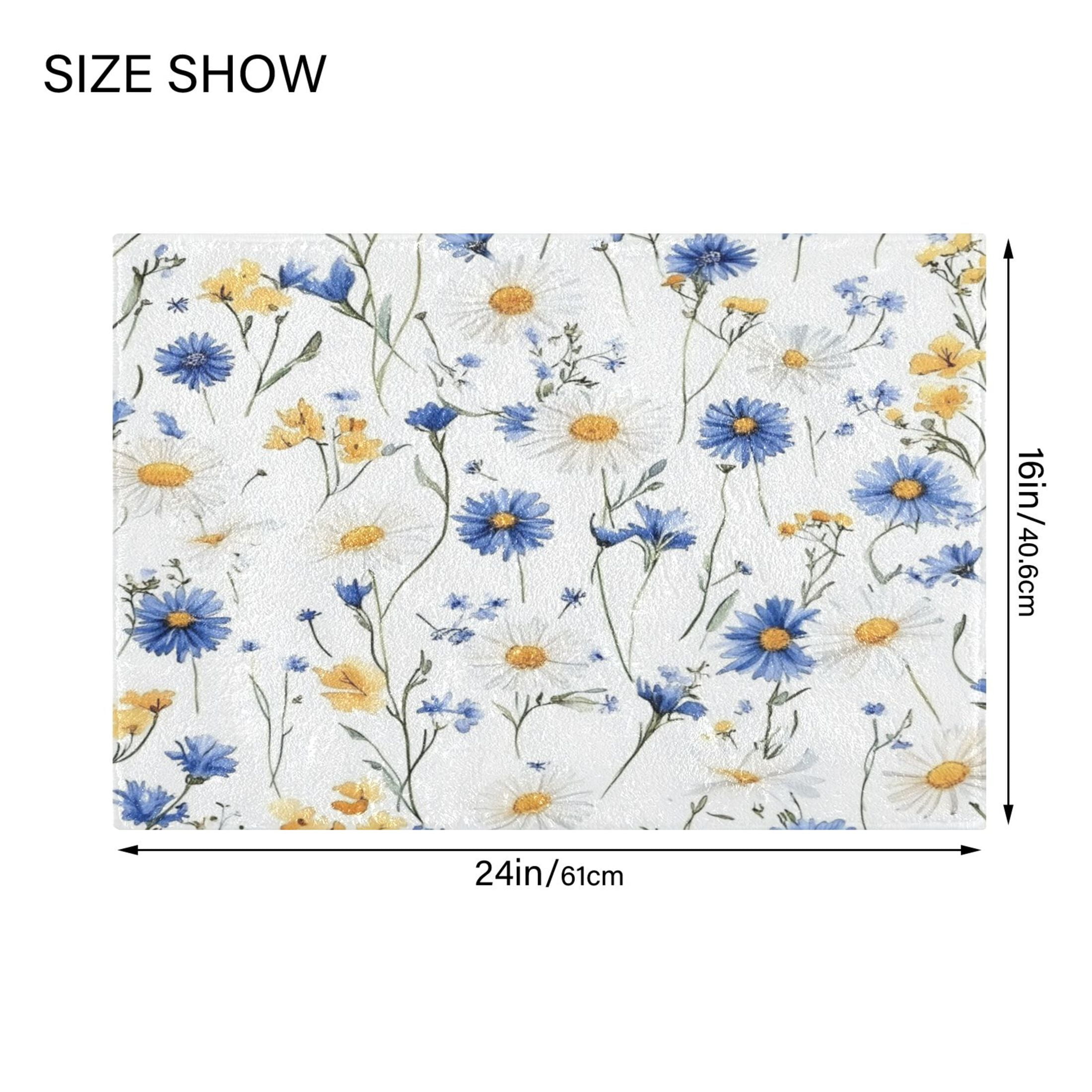 2 Piece Soft Bathroom Rug Set Blue and Yellow Wildflowers Bath Mat and U-Shaped Toilet Contour Rug (16"x24"+20"x24")