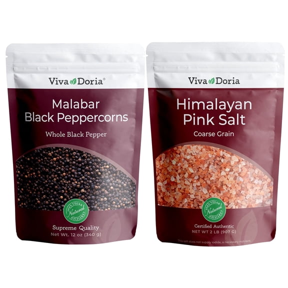 Viva Doria Malabar Peppercorn Whole 12 oz and Himalayan Pink Salt Coarse 2 lb for Grinder Refills