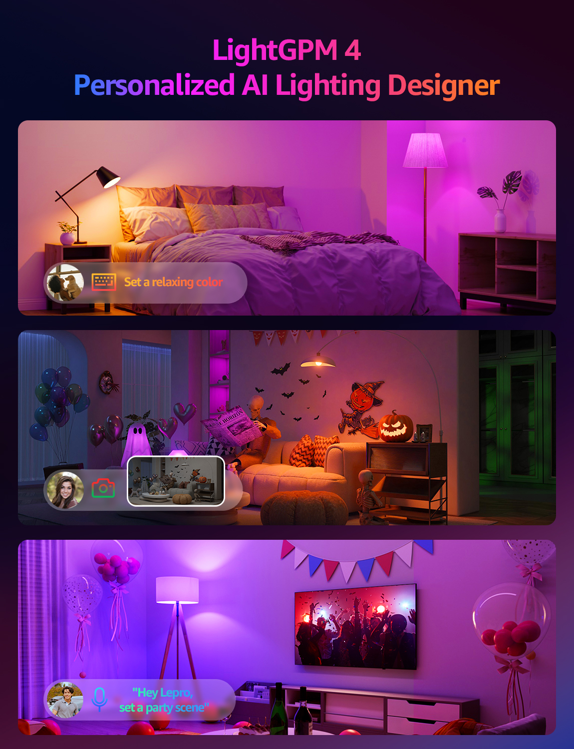 Lepro B2 AI LED Light Bulbs, 2-Pack RGBww Color Changing, 1100 Lumens, Voice Control, Music Sync, Wi-Fi and Bluetooth, Works with Alexa and Google