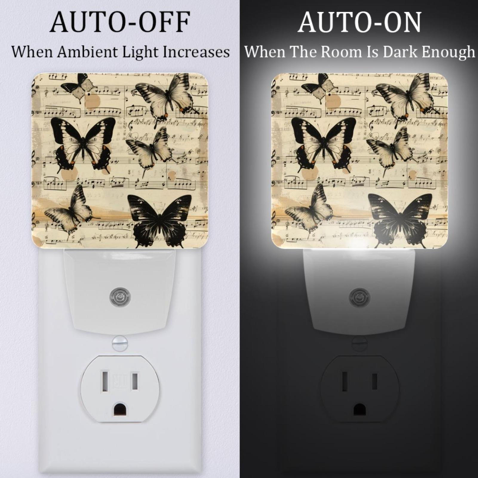 PhooArto Vintage Butterflies and Music Notes Patterns Plug in LED Night Light Auto Sensor Dusk to Dawn Decorative Night for Bedroom, Bathroom, Kitchen, Hallway, Stairs, Baby's Room, Energy Saving
