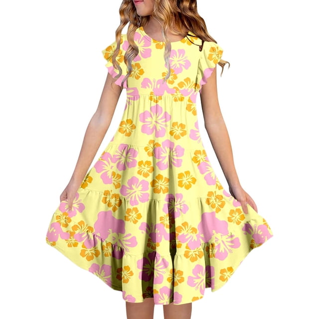 Xuewenshw Robes d'Été pour Filles Double Couche Manches Flottantes Robe Fluide Ligne A Décontractée Dégradé Midi Robes 12 Mois