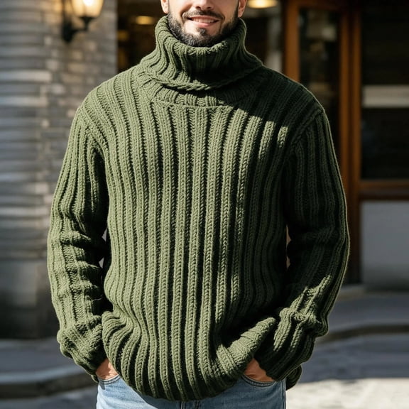 Ceisia Mens Thick Ribbed Turtleneck Knitted Sweater Long Sleeve Solid Color Warm Casual Pullover Top Army Green L Gift