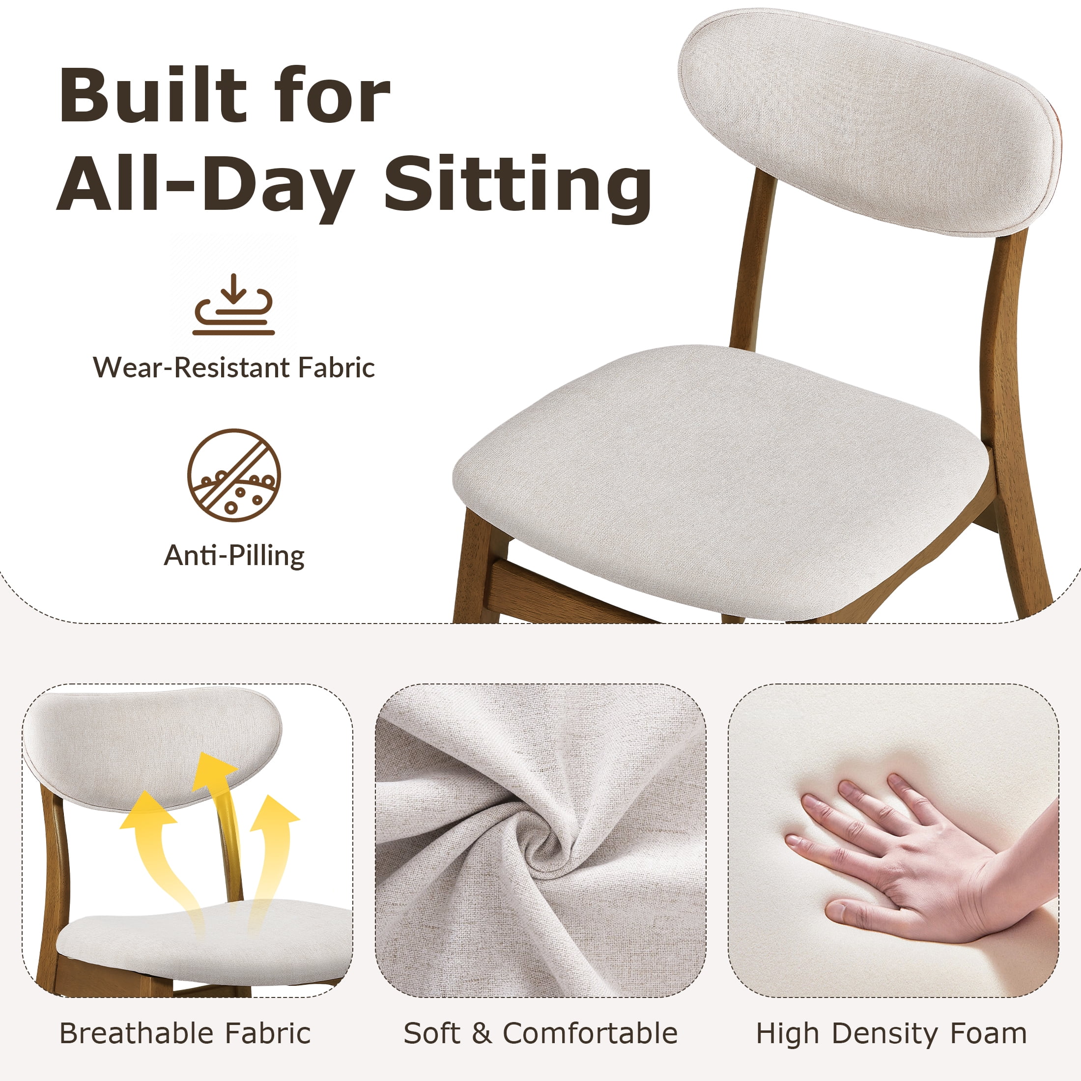 Prilinex Farmhouse Dining Chairs Set of 8, Mid Century Modern Fabric Upholstered Kitchen Chairs, Wooden Dining Room Chair with Curved Back for Kitchen Dining Room Restaurant Cafe, Beige