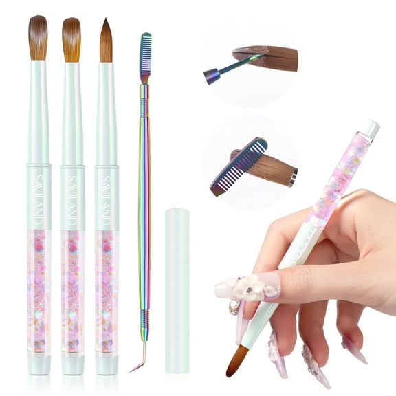 SAVILAND Essentials Acrylic Nail Brush Set: Beginner-Friendly Acrylic Brush with Cleaner Tool Aurora Shimmer Nail Brushes for Smooth Acrylic Application Nail Extension 3D Nailart Size 6/10/14