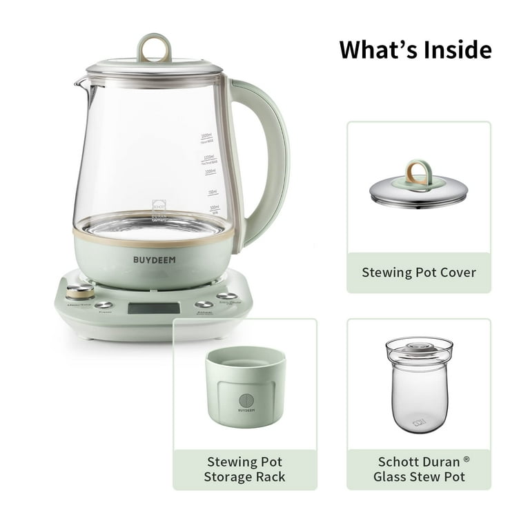 BUYDEEM Health Pot K2763 Lite, Glass Electric Kettle for Tea & Coffee,  Water Boiler with Stew Pot, Temperature Control, Green, 1.5L 