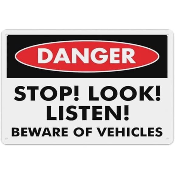 Warning Sign - Danger Stop Look Listen, Warning Metal Sign, Vintage Wall Decor, for Home, Farm, Bar, Coffee Shop, Club, 12X8 Inch