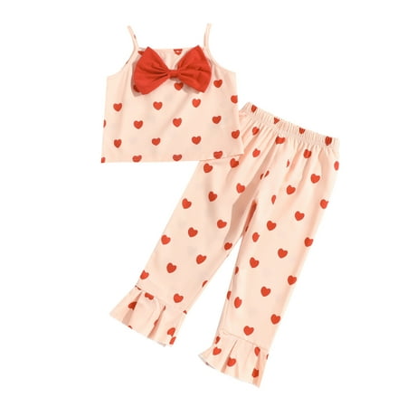 

Kids Toddler Baby Girls Summer Clothes Spring Summer Print Cotton Heart Bow Tie Sleeveless Vest Bell Bottom Outfits Clothes Kids Clothes