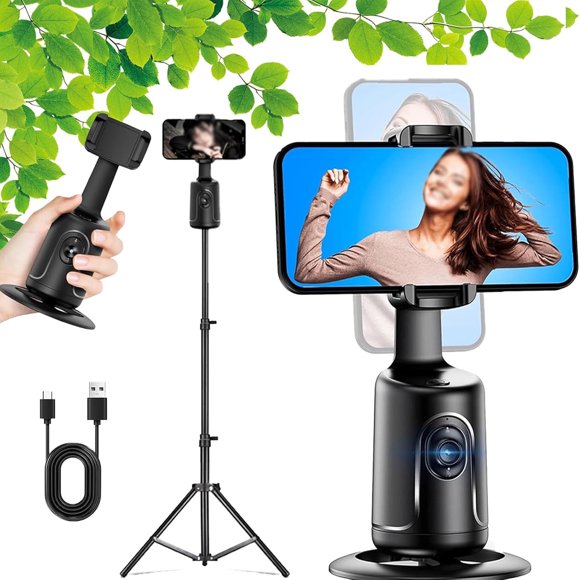 Hassignment Smart AI Tracking Phone Tripod, Auto 360° Rotation with Remote and Gesture Control, No App for iPhone Android Vlog
