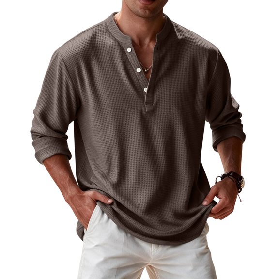 Mens Waffle Long Sleeve Retro Shirt Casual Button Down Thermal Henley Shirts Lightweight Plain Fall Tshirts Pullover 2XL