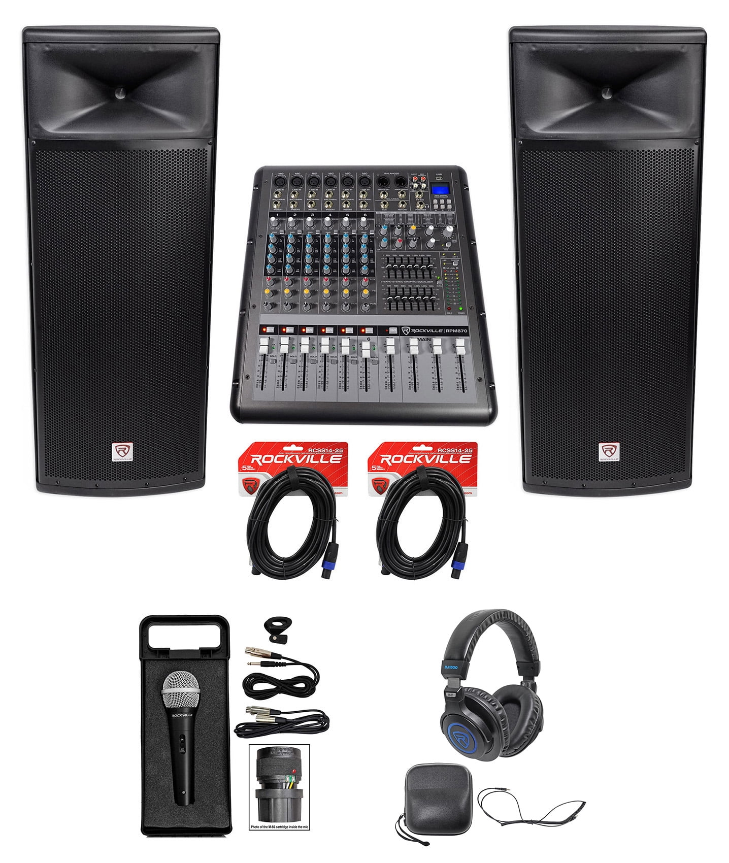 (2) Rockville SPGN258 Dual 15” 8Ohm DJ PA Speakers+Powered Mixer+Mic