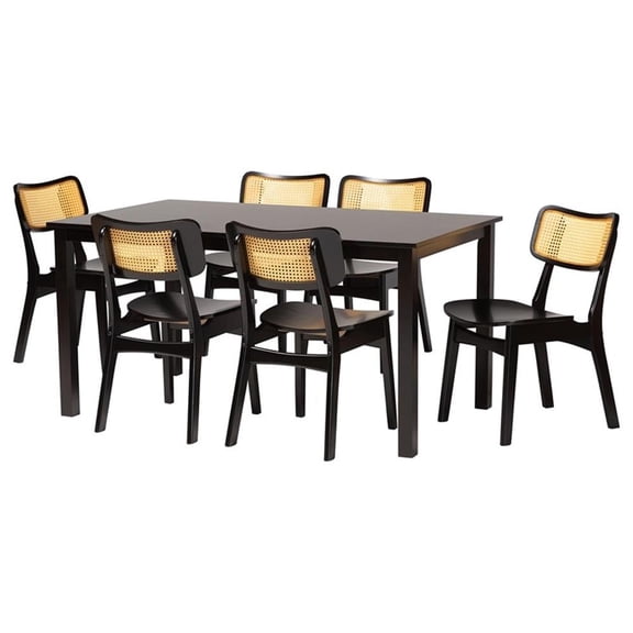 Baxton Studio Estera Dark Brown Finished Wood and Rattan 7-Piece Dining Set