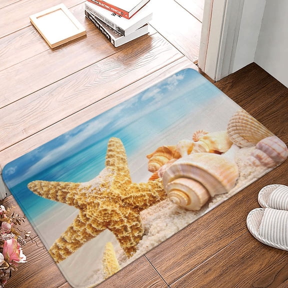 Front Door Mat Indoor Outdoor Outside Entrance - 16*24in Washable Beach Starfish Shell Thin Bathroom Rugs Fit Under Door, Bath Rugs for Bathroom, Kitchen Rugs Mats for Floor