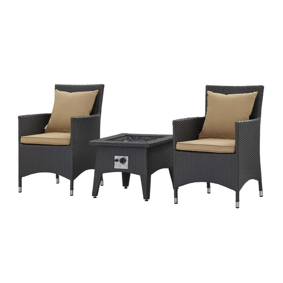 Contemporary Modern Urban Designer Outdoor Patio Balcony Garden Furniture Lounge Coffee Fire Pit Table and Chair Set, Fabric Rattan Wicker, Light Brown