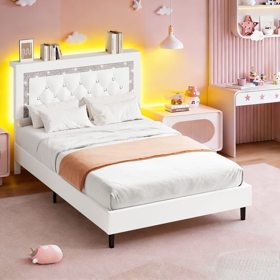 4 EVER WINNER Twin Bed Frame with Storage Headboard, Faux Leather Bed Frame with Diamond Tufted Headboard and LED Lights, Wooden Slats Support, Noise Free, No Box Spring Needed, Easy Assembly, White