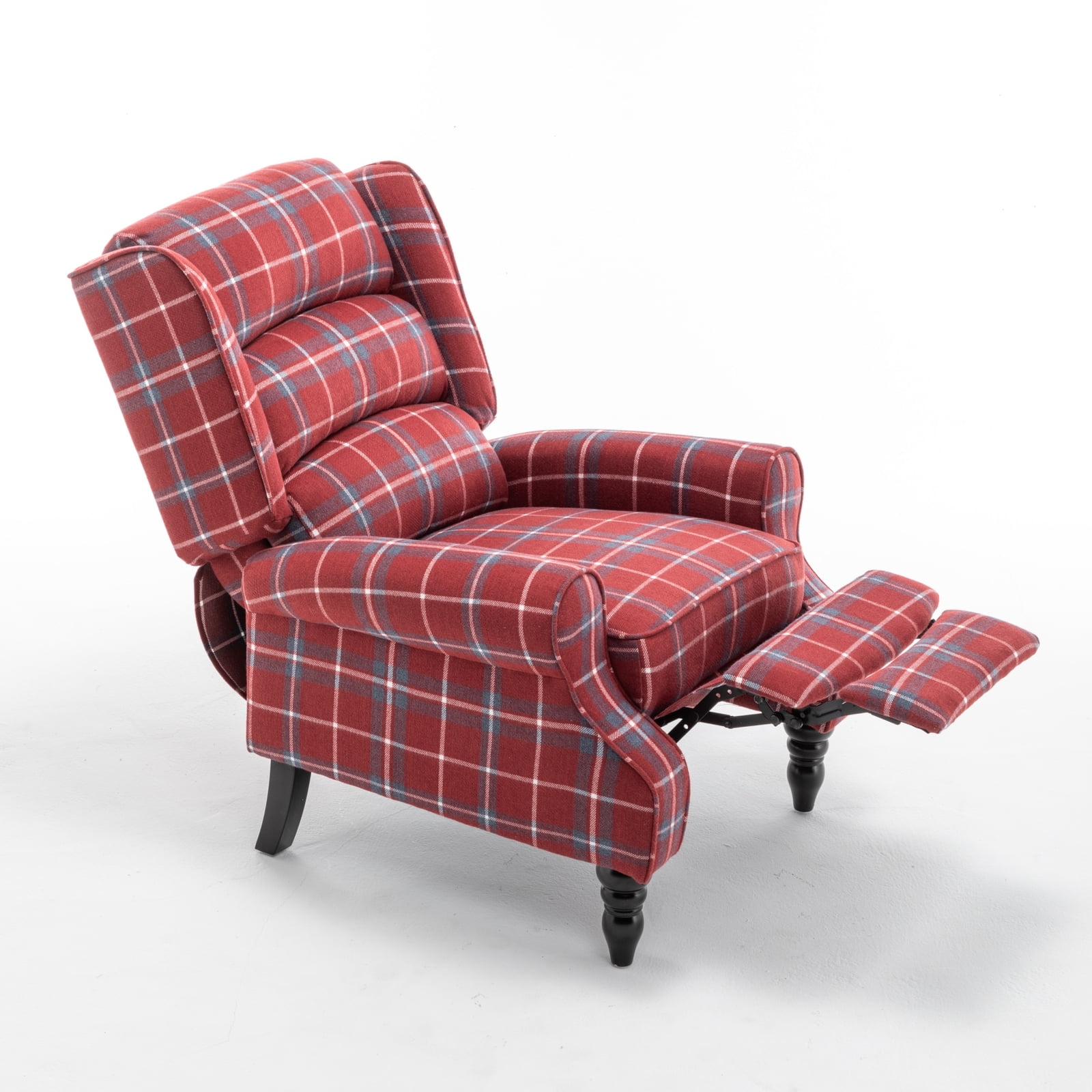 Upholstered Wingback Recliner Chair, Plaid Recliner Chair Armchair Adjustable Footrest Push Back Reclining Sofa, Mid Century Modern Lounge Armchair for Living Room, Bedroom, Reading -- Blue
