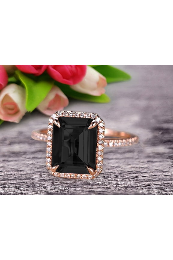 Flaming Emerald Cut 1.75 Carat Black Diamond Moissanite Engagement Ring Wedding Ring Solid 10k Rose Gold Promise Ring Custom Made Sparkling Jewelry Halo Art Deco