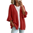 thumbnail image 2 of thefmos Women's Open Front Long Sleeve Knit Cardigan Ruffle Sleeves Solid Color Casual Outerwear Fashion Spring Fall Outfit, Red 2XL, 2 of 6