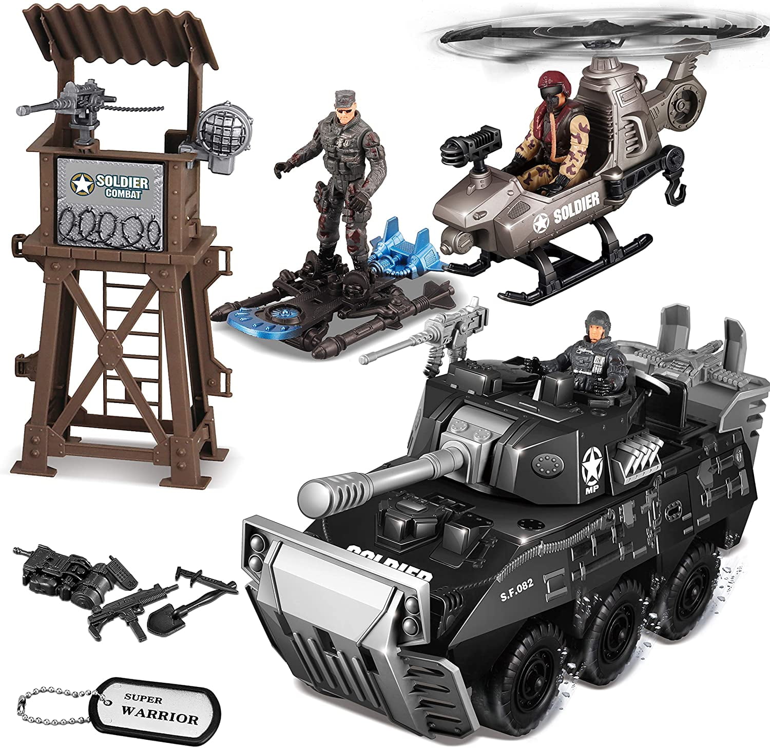 Gold Toy 9 Pcs Military Toy Play Set with Realistic Watchtower