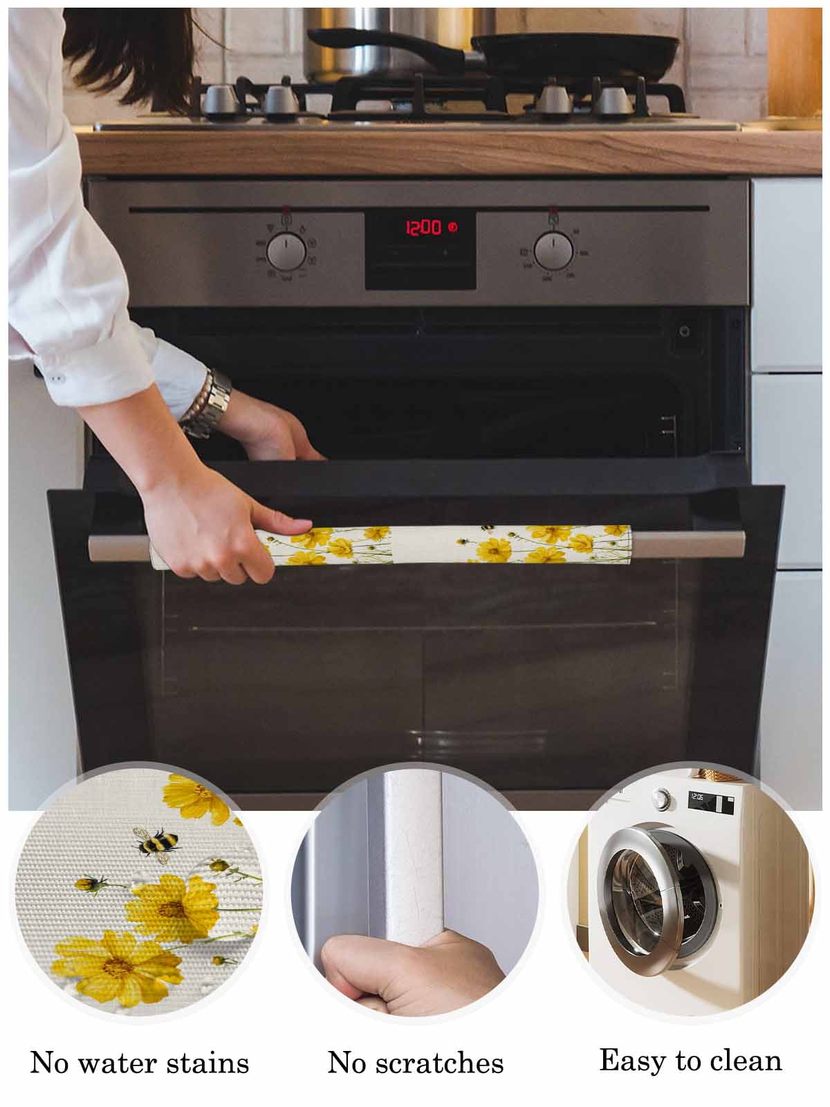 Yellow Floral Bee Refrigerator Door Handle Covers Set of 2, Summer Watercolor Botanical Flower Kitchen Fridge Microwave Oven Dishwasher Stove Cabinet Handle Protectors, Washable Appliance Decor