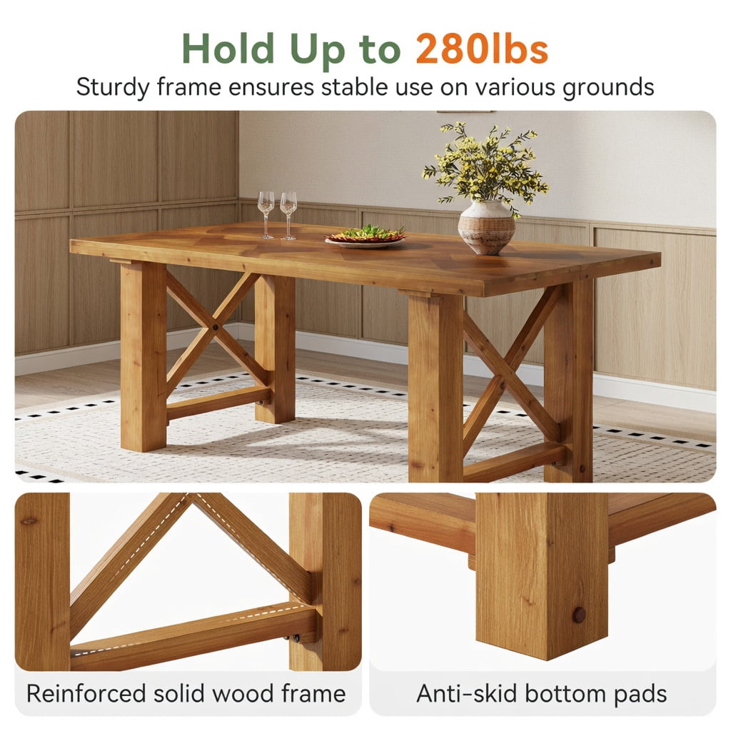 Hommoo 63 Inch Solid Fir Wood Dining Table with Herringbone Parquet Top, Rustic Farmhouse Rectangle Kitchen Table for 4-6 People, X-Frame Design, Natural