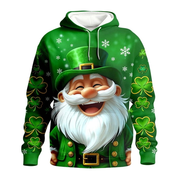 Kcolen Mens St Patricks Day Hoodies Funny Santa Shamrock Four Leaf 3D Green Graphic Sweatshirts Long Sleeve Shirt Pullover Irish Clover Hooded