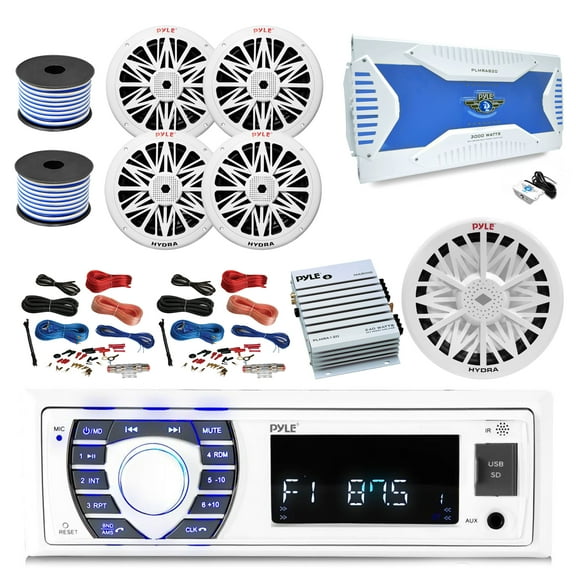 36-42' Boat: Pyle Bluetooth Marine Stereo Receiver, 8x 8'' White Boat Speakers, Pyle 8-Channel Amp, 10" Yacht Sub, Pyle 2-Channel Waterproof Amp, Amp Install Kit, 18 Gauge 50 FT Speaker Wire, Antenna
