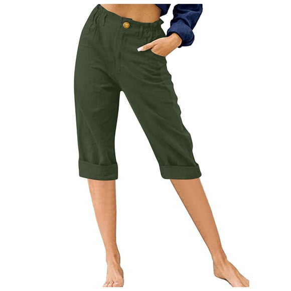 Timegard Pantalon Capri pour Femmes Jambe Droite Taille Élastique Bouton Été Décontracté Pantalon Court avec Poches