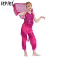 thumbnail image 2 of Niños Niñas lentejuelas brillantes borlas indio Bellywood trajes de danza del vientre indio Top corto con pantalones pañuelo para la cabeza Ropa de baile de Halloween, 2 of 5