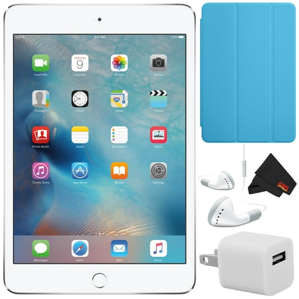 Apple iPad mini 4 128GB 7.9" Retina Display (Wi-Fi Only, Silver) MK9P2LL/A - Bundle w/ Blue Smart Cover