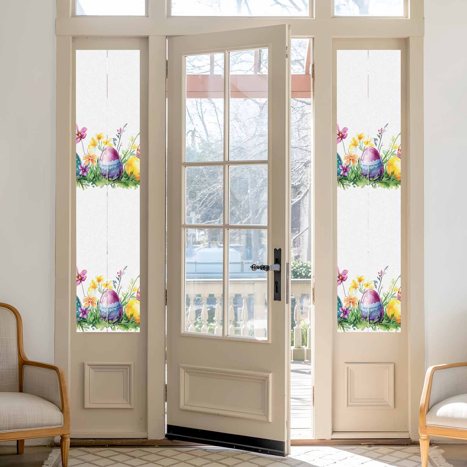 Easter Eggs Window Privacy Film, Green Yellow Purple Egg Spring Purple Yellow Floral Leaf Frosted Glass Window Clings Static Cling UV Heat Blocking Reusable Door Sticker for Bedroom 23.6x78.7 Inch