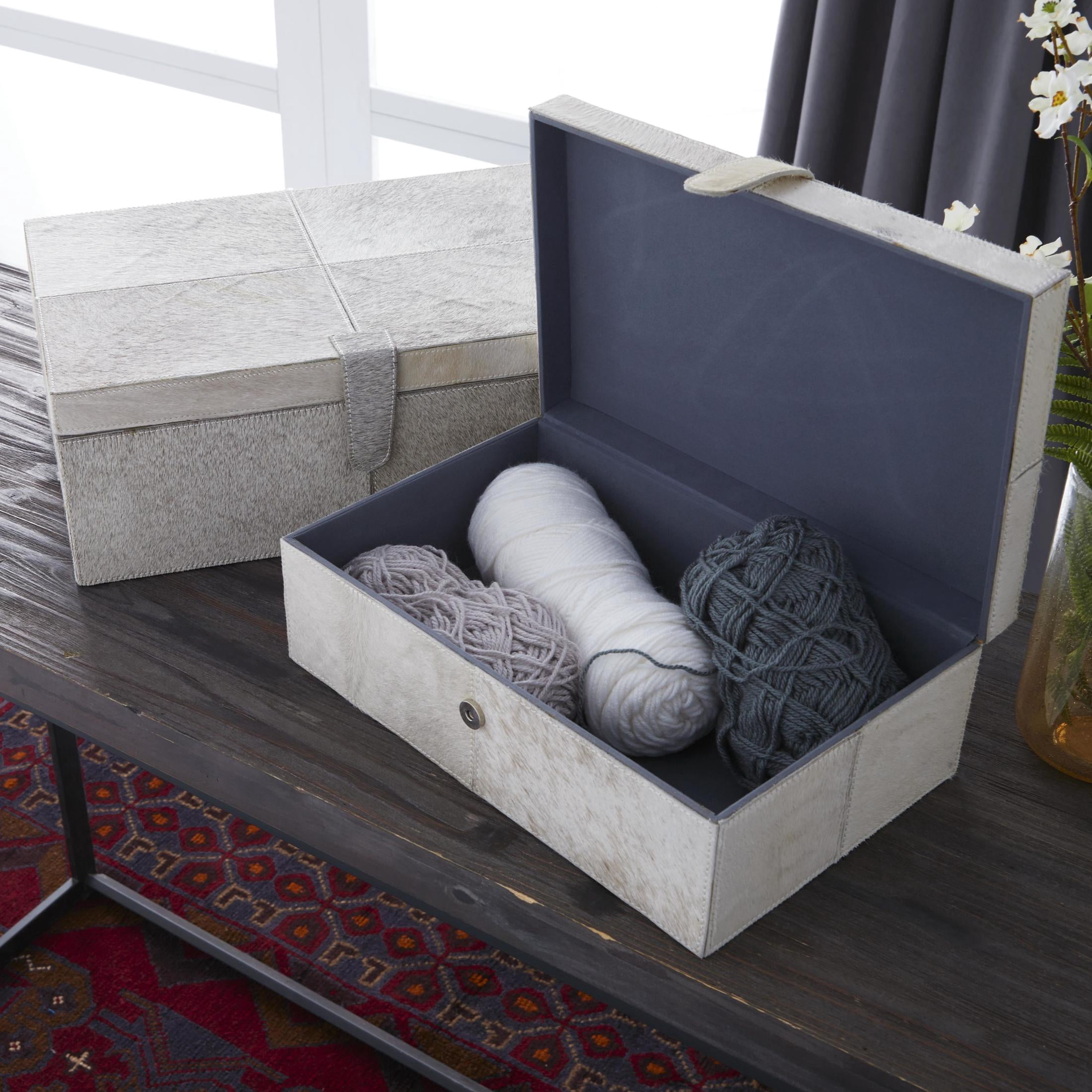 DecMode Handmade Gray Leather Decorative Box with Snap Front Closure and Detailed Stitching, 2 Count