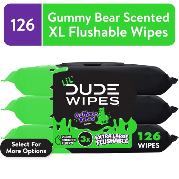 LiL' DUDE Flushable Wipes, Extra Large Gummie Rears Wet Wipes, Gummy Bear Scent, 42 Count, 3 Pack