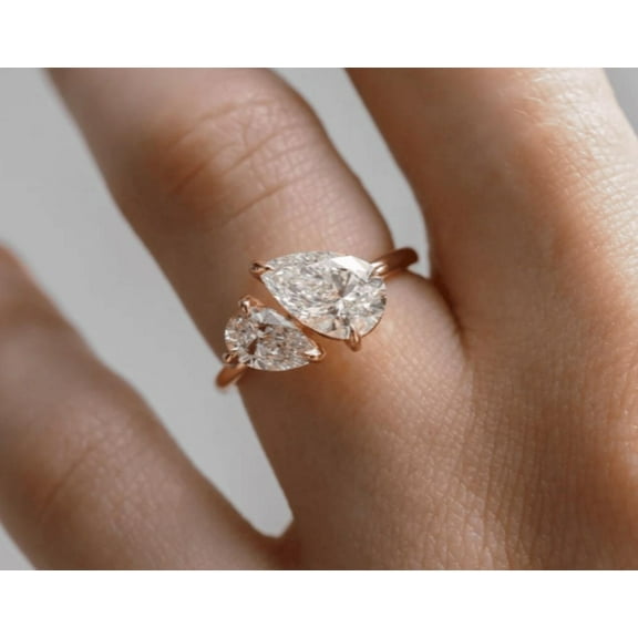 Toi Et Moi Pear Shaped Two Stone White Moissanite Engagement Ring 2.01 Carat, 14K Yellow Gold Plated Size- (5 - 13) Available