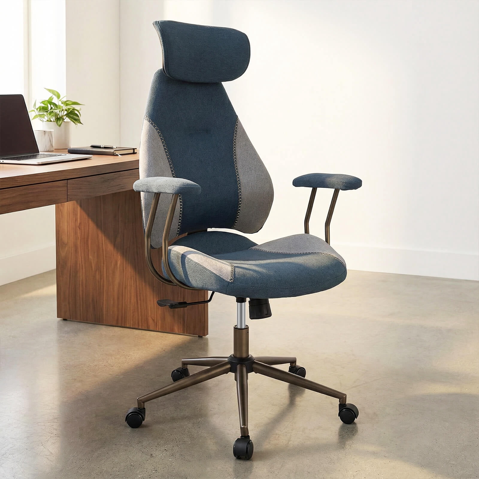Costway Ergonomic Office Chair with 2D Headrest, Rocking Backrest & Wheels, Gaming Chair Gray & Blue