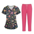 thumbnail image 2 of WTOBBY Plus Size Women's Printed Short Sleeve V-Neck Scrubs Set with Pockets, Animal Floral Print, 2-Piece Nursing Uniform, Medical Workwear for Healthcare Professionals,Hot Pink L, 2 of 4