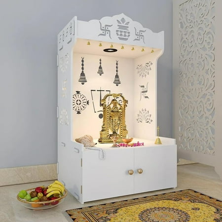 

Intricate White Floor Temple with Spacious Shelf inbuilt Focus Light Wooden | Home Temple with Focus Light and Shelf with Door | Perfect for Office OR Home