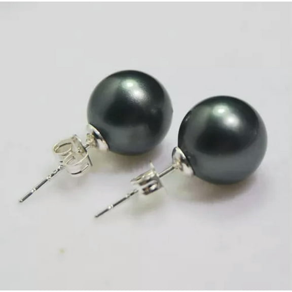 K-KED 6Colors 10mm South Sea Shell Pearl Round Beads Silver Stud Earrings AAA Grade-Black