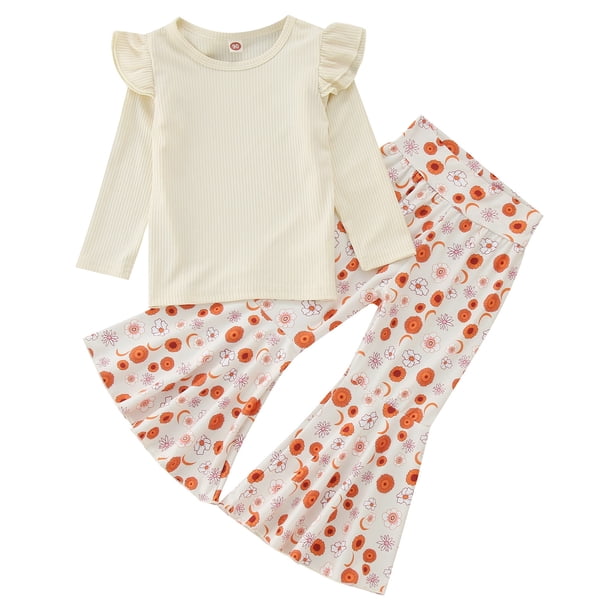 Gibobby Conjunto de ropa para bebé y niños pequeños bebés Niñass primavera otoño estampado acanalado manga larga Tops Bell Bottom trajes ropa(Blanco, 2-3 Años)