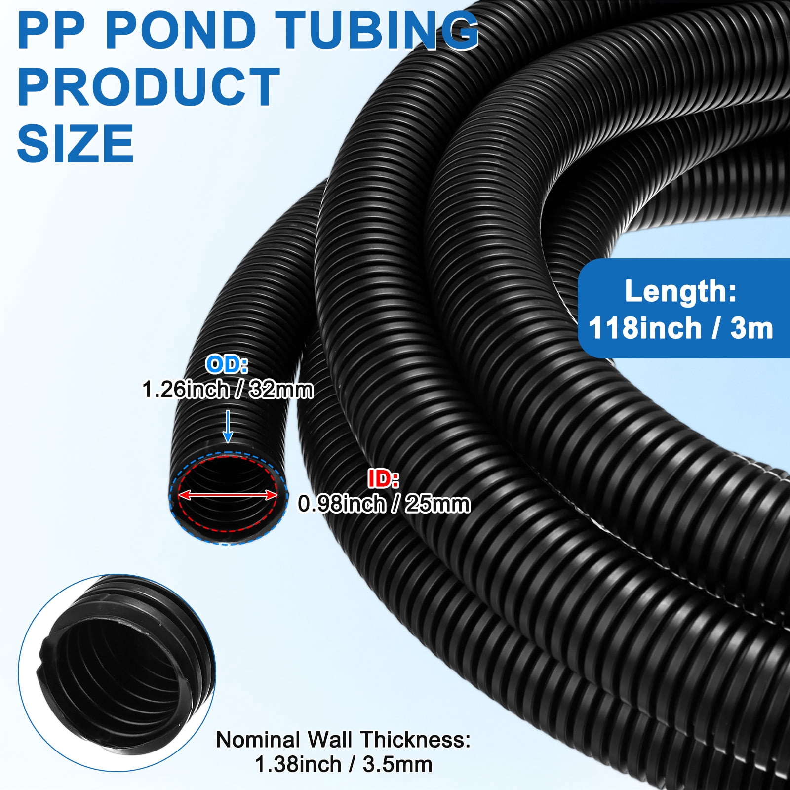 Uxcell 1" ID Pond Tubing, 10ft Corrugated Flexible Reinforced PP Hose Pipe Pump Tube for Garden Ponds/Waterfall Sump Pump Hose [Black]