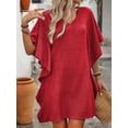 thumbnail image 4 of LEKWK Linen Summer Dresses for Women Short Sleeve V Neck Tunic Dress Loose Fit Ruffle Mini Dress Casual Tiered Flowy Dress Beach Vacation Babydolled outfits, 4 of 6
