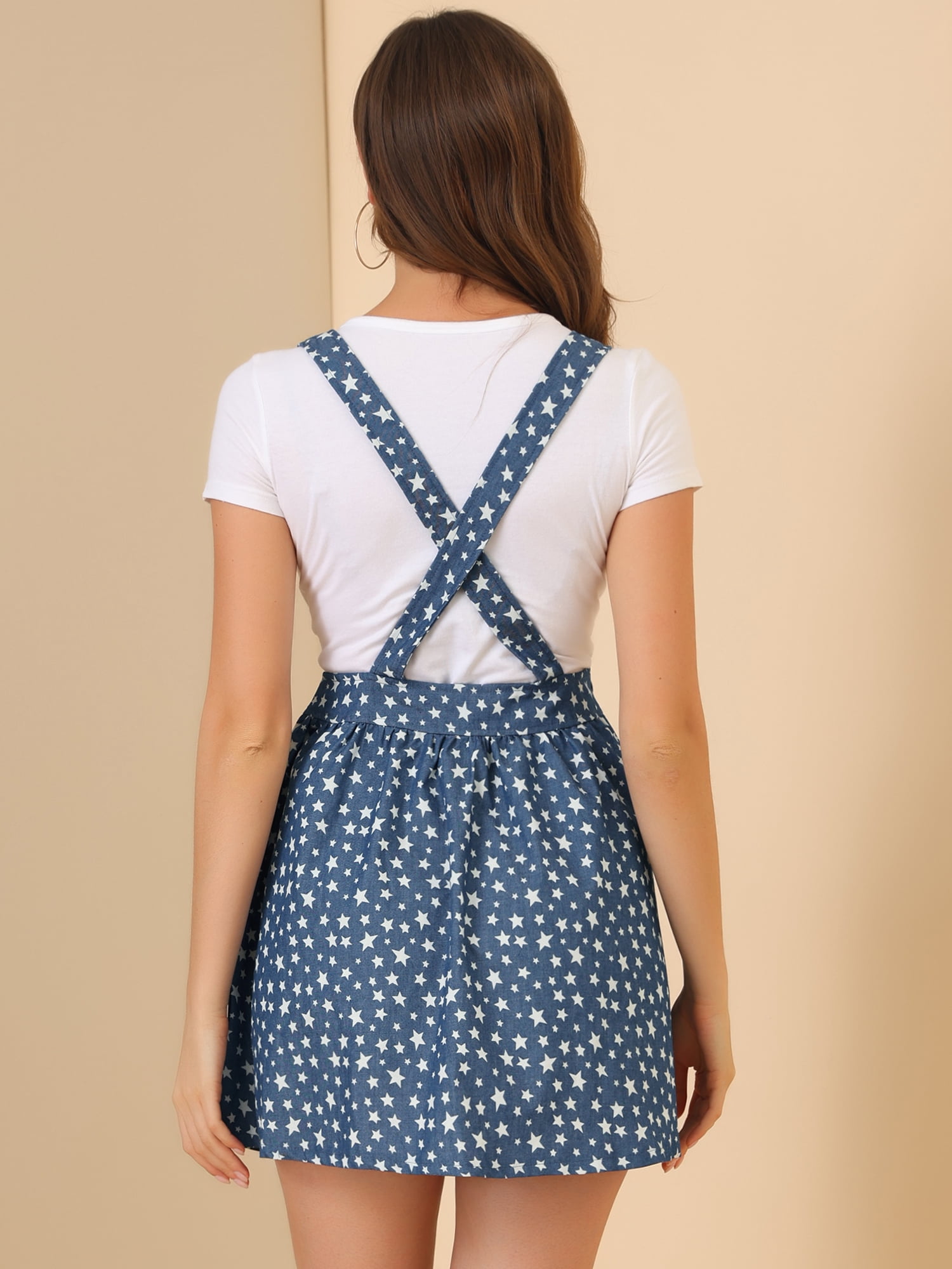 DARING DIVA Polka Dots Pattern Suspender Mini Overall Dress Skirt L Blue-Stars