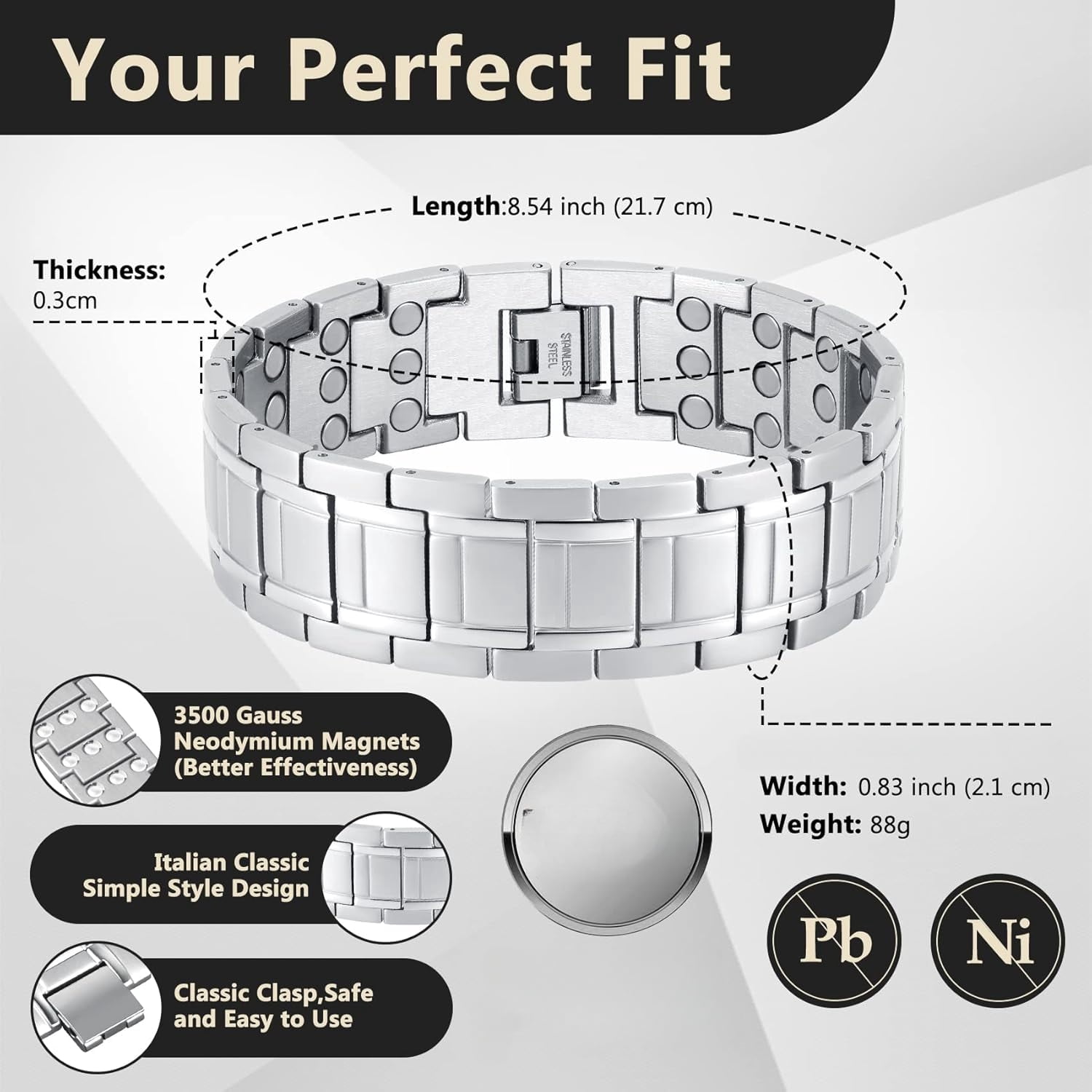 Magnetic Bracelets for Men, Stainless Steel Bracelets with 3X Magnets，8.6inches（22cm）