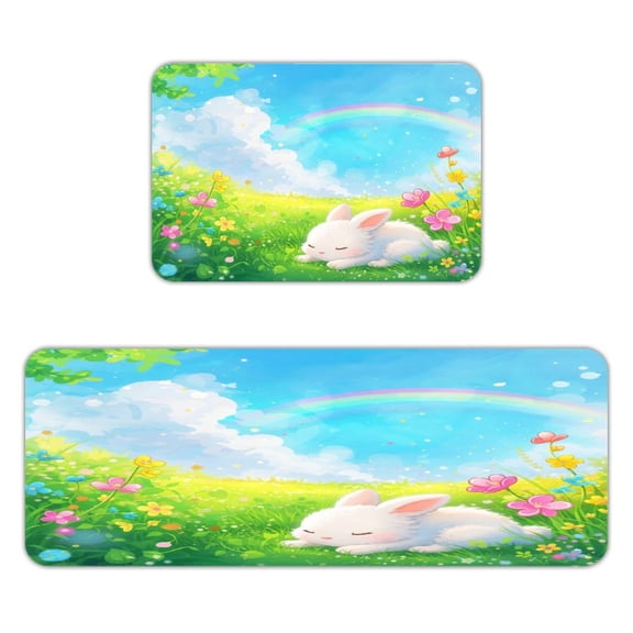 NIANHE White Rabbit Sleeping in The Meadow Kitchen Mats for Floor, Sets of 2, Soft Washable, Clear Print, Non Skid Waterproof Kitchen Rug for Sink Floor Sink Laundry Bar Office Room Home Cooks