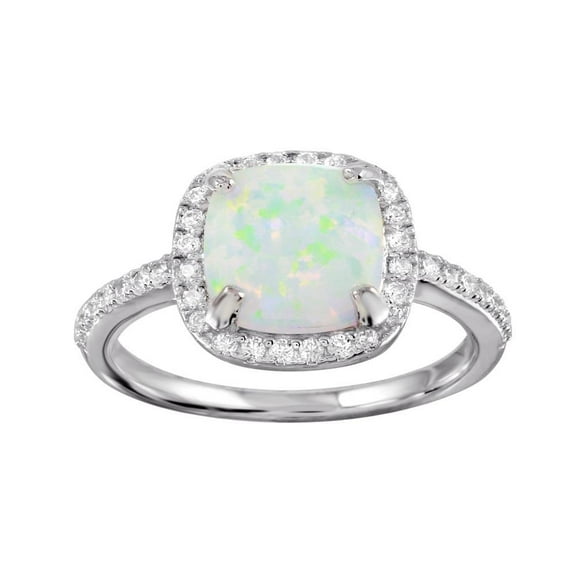 Rhodium Plated 925 Sterling Silver Square Halo Simulated Opal Ring White CZ Female Size 9