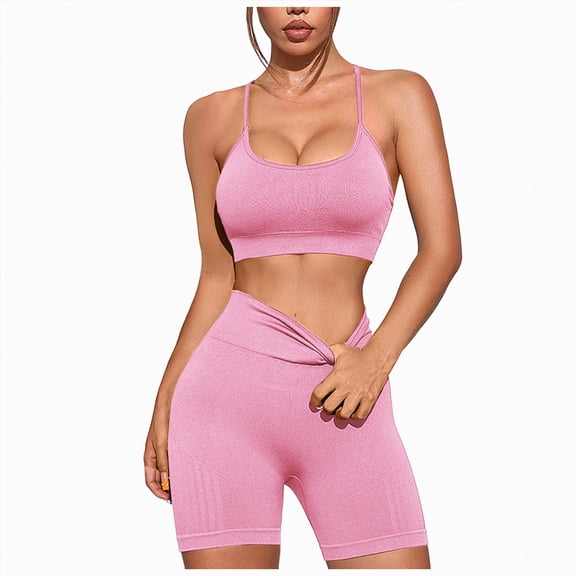 mgoYE Gym Workout Sets for Women Women 2 Piece Workout Sets U Back Color Block Sports Bra High Waist Tummy Control Active Shorts Yoga Pilates Outfits(Pink,L)