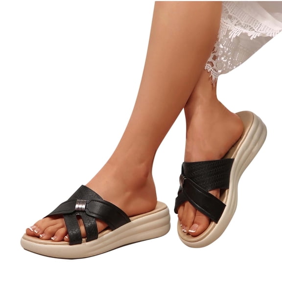 LOVZFMLL Chunky Wedge Sandals for Women Summer Casual Open Toe Beach Slippers Comfort Walking Soft Slides Outdoor Slip On Black 9.5